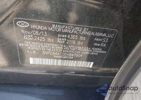 2014 Hyundai Sonata Gls z USA, uszkodzony, nr VIN 5NPEB4AC0EH847904